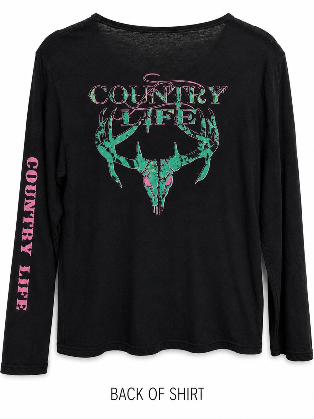 Women’s Black Long Sleeve Tee with Pink 'Country Life' Embroidery